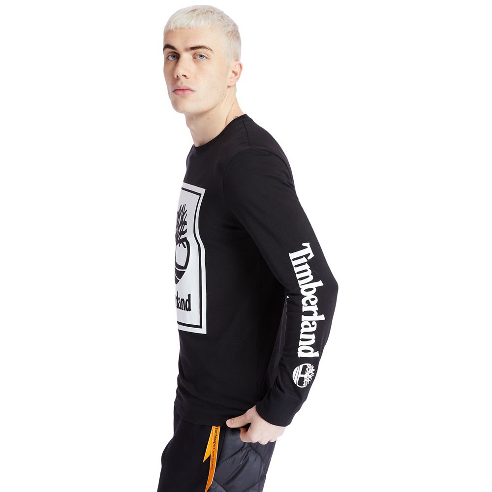 Camisetas Masculino - Timberland Long-Sleeve Logo - VMINQ8705 - Pretas/Branco